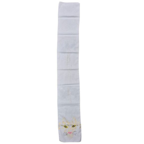 vintage White Hand Painted Kitty Cat Leopard Scarf 1970s Acetate 53" long - Picture 2 of 3